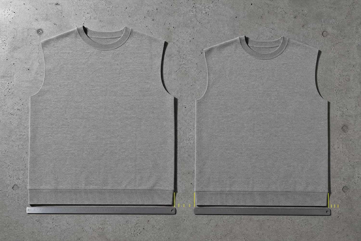 Two identical knit panels laid side by side with rules, one slightly shorter than the other