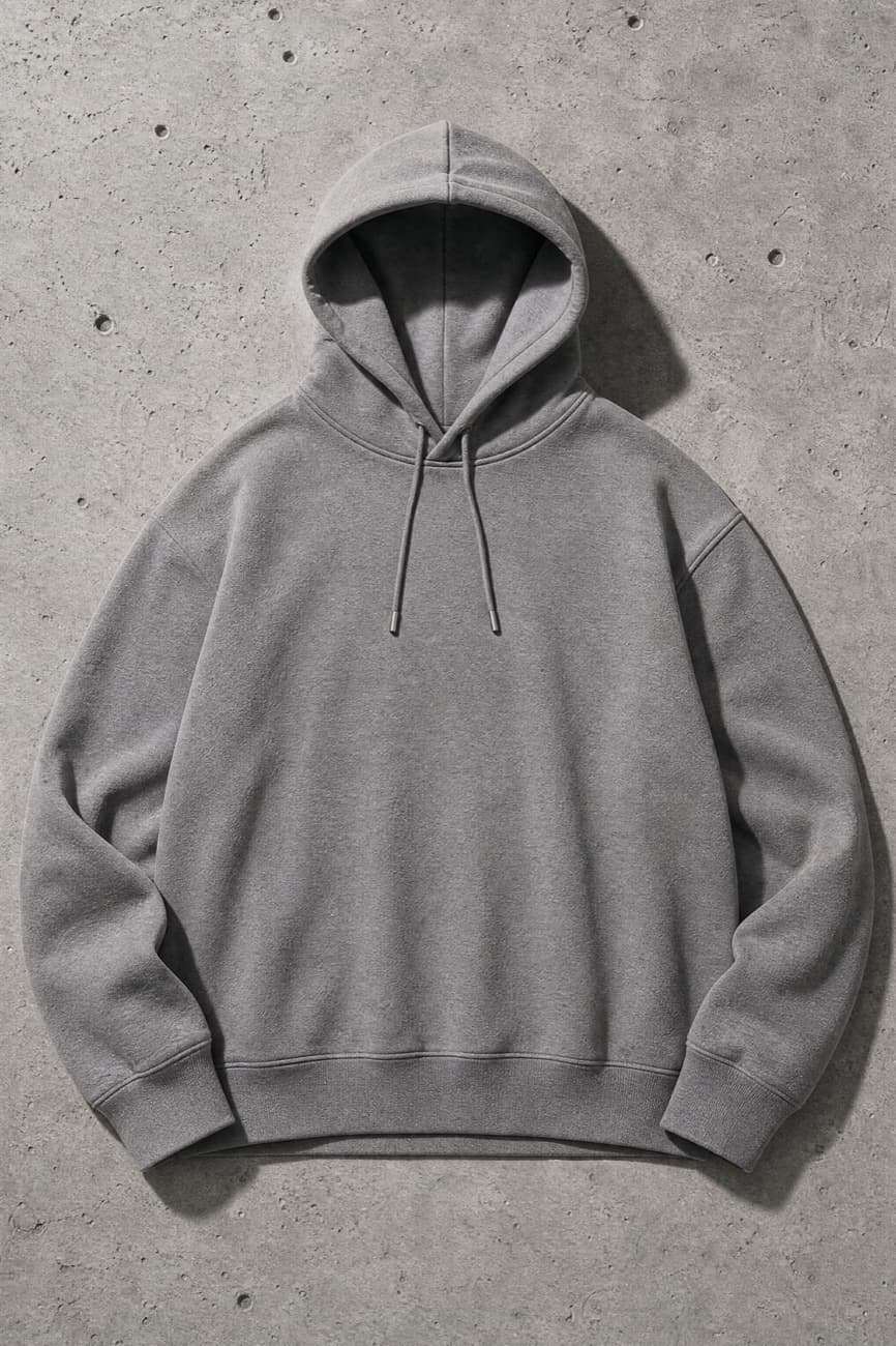 Hoodies, laid flat against concrete