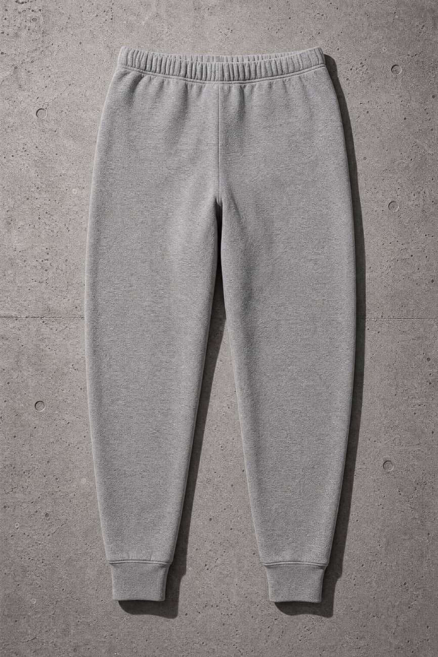 Sweatpants, laid flat against concrete