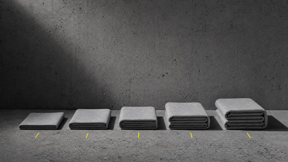Five stacks of folded sweatshirt cloth in a row against concrete, each stack taller than the one before it